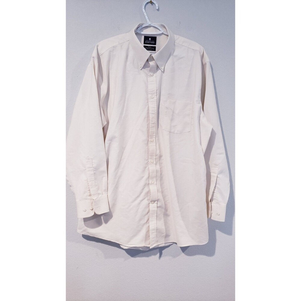 Stafford Men's Large 18 Dress Shirt Travel Oxford Yellow Wrinkle Free RN 93677